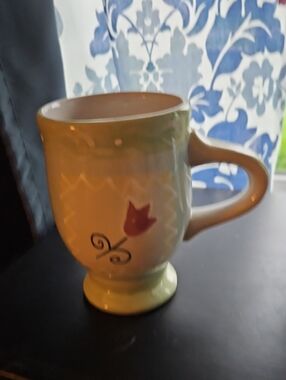 Green Ceramic Footed Mug with Red Tulip Accent